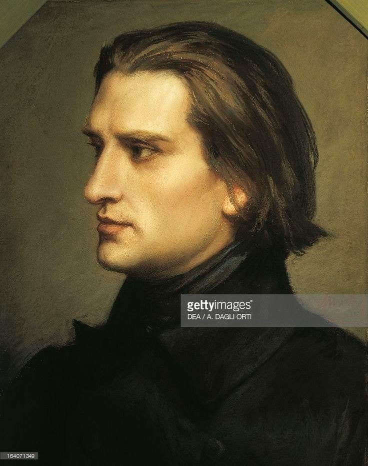 Oil portrait of Liszt painted in 1840. His face is turned toward his right. He wars a black coat and a grey scarf. We can see his shoulders and his head.