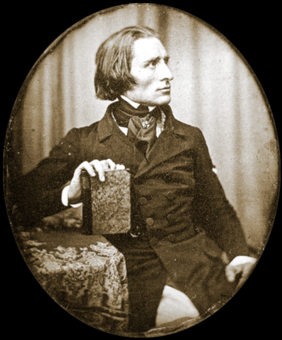 The picture taken of Liszt. It was taken in 1843 and represents Liszt sitting, looking to his left side, wearing a black coat. He holds a book with his right hand.