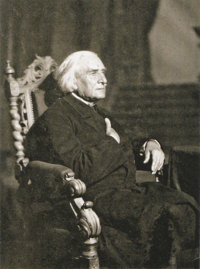 Picture in black and white taken in 1883. It represents Liszt sitting in an armchair, wearing a black cassock and a black coat. His left arm is resting on the armrest. His right hand is inside his coat. He looks toward his left.