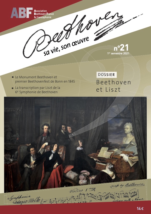 Cover of Journal number 21, with a painting representing Franz Liszt performing at the piano in front of the bust of Beethoven, surrounded by friends listening to the performance.