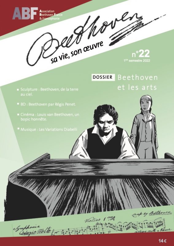 Cover of the journal Beethoven No. 22, showing a drawing of Régis Penet representing Beethoven sitting at his piano, observed by a little boy behind him at his right.