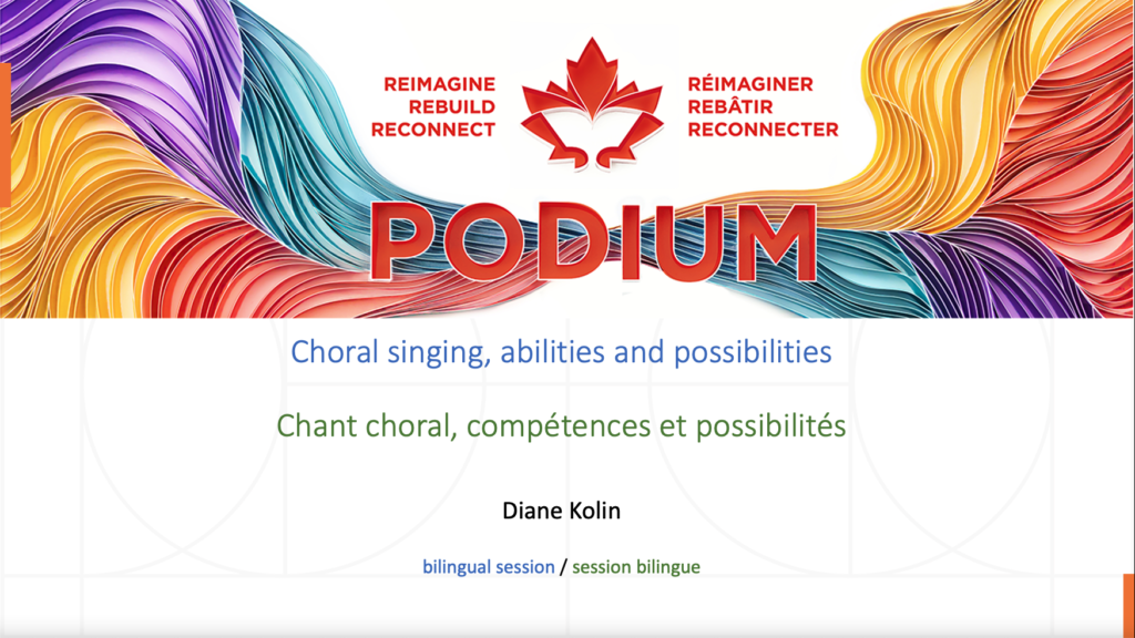 Diapositive de titre de ma présentation sur l'accessibilité des chorales aux chanteurs handicapés. Elle donne le nom du festival, PODIUM, et le titre de la présentation, « Chant choral, compétences et possibilités ».