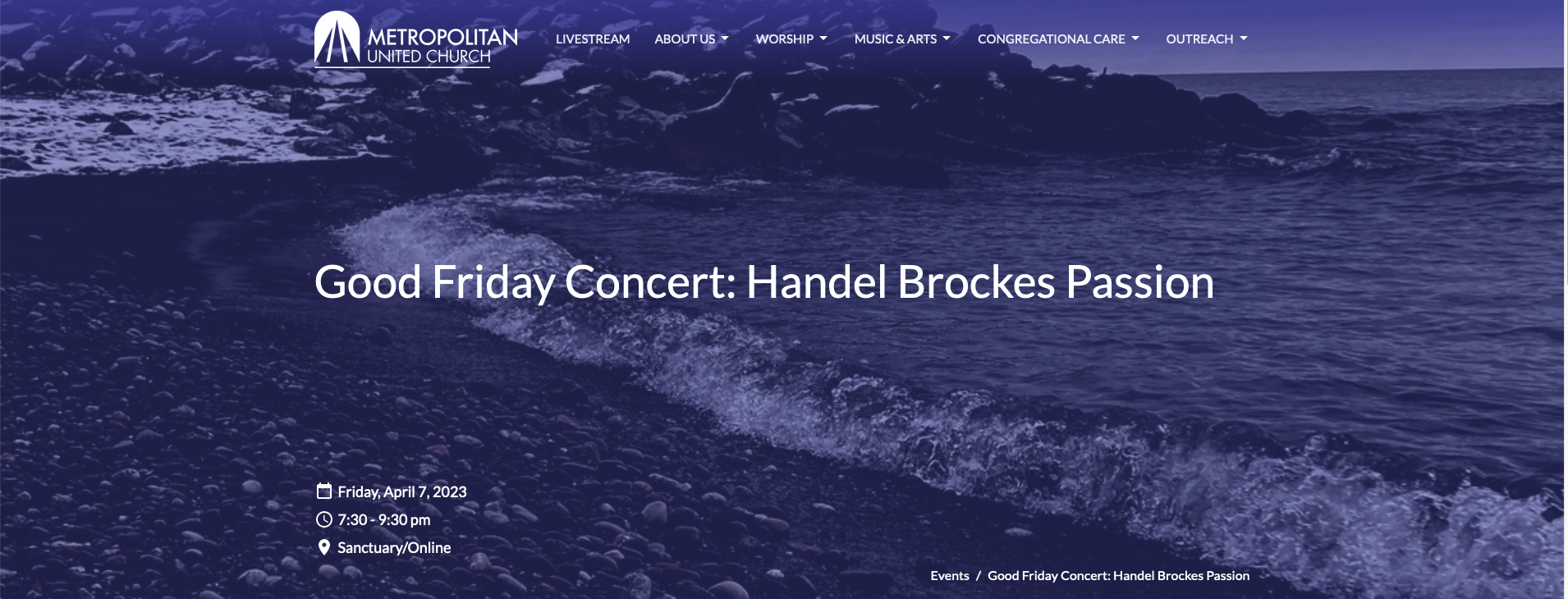 Banner of the MET United Church website announcing Handel's Brokes Passion, showing a beach and rolling waves on the background