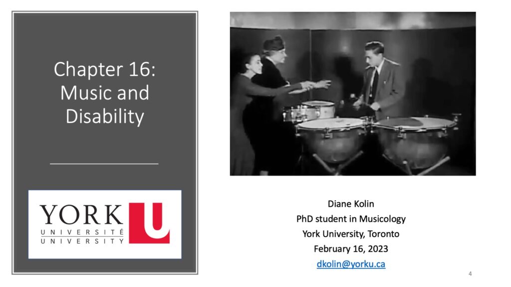 Title slide of our proposed chapter about Music and Disability, with a picture of Martha Graham and Helen Keller feeling the timpani.