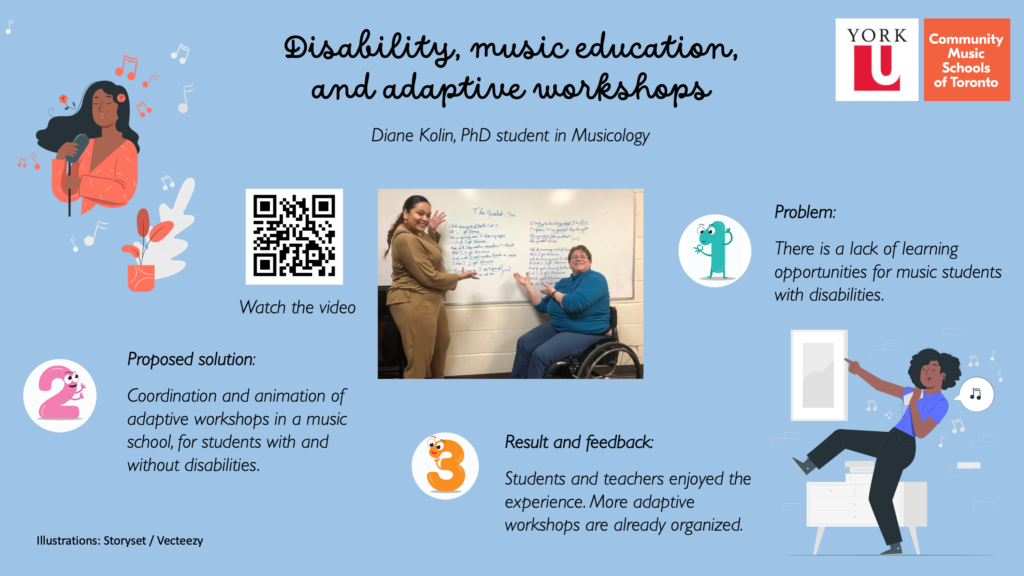 Poster showing a picture of our American Sign Language lyricist and myself, in front of a white board on which the lyrics of a song are written. The poster shows the three main points of my research and a QRcode leading to the video.