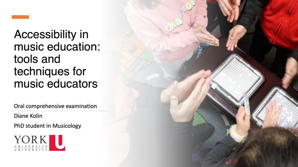 Title slide of my oral comp, saying "Accessibility in music education: tools and techniques for music educators." It also shows a picture of children's hands clapping a rhythm and an adaptive instrument.
