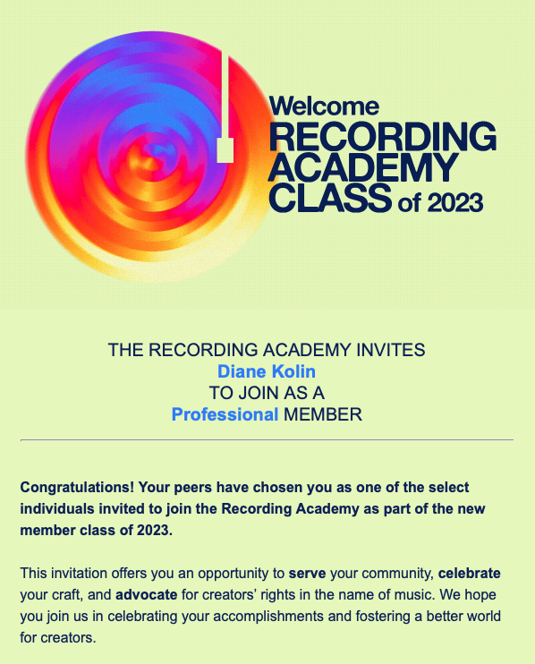 Une capture d'écran de l'e-mail de félicitations pour la sélection pour devenir membre professionnel de la Recording Academy.