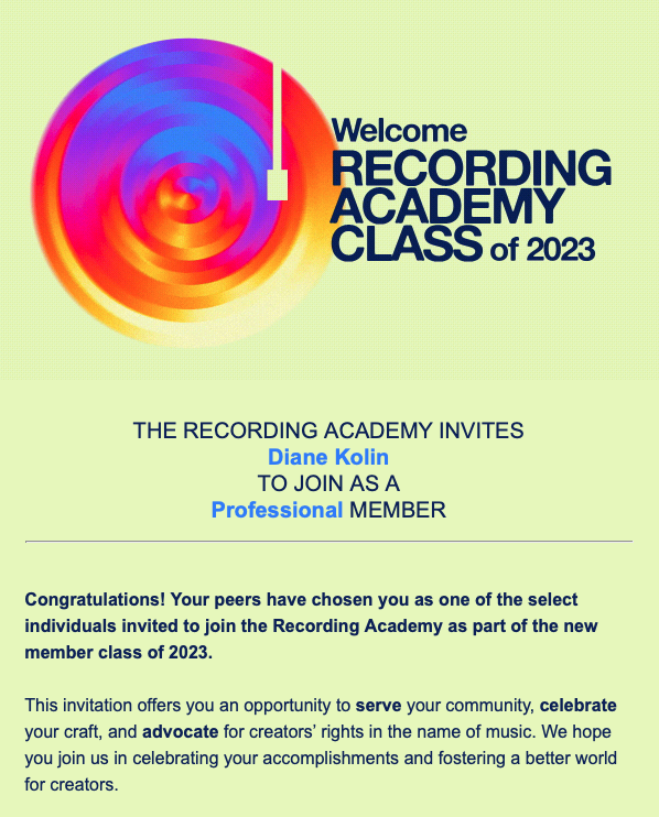 A screenshot of the congratulations email for the selection to become a professional member of the Recording Academy.