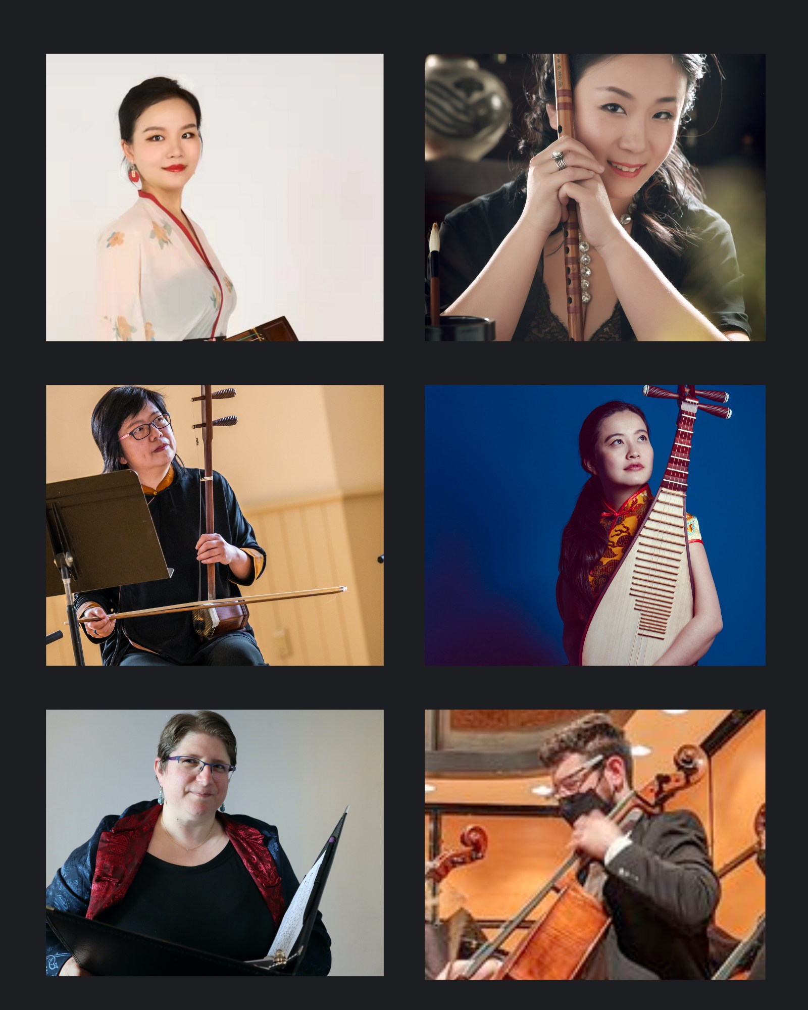 Pictures of the six players of the TCO chamber orchestra and singer, with their instruments or scores.
