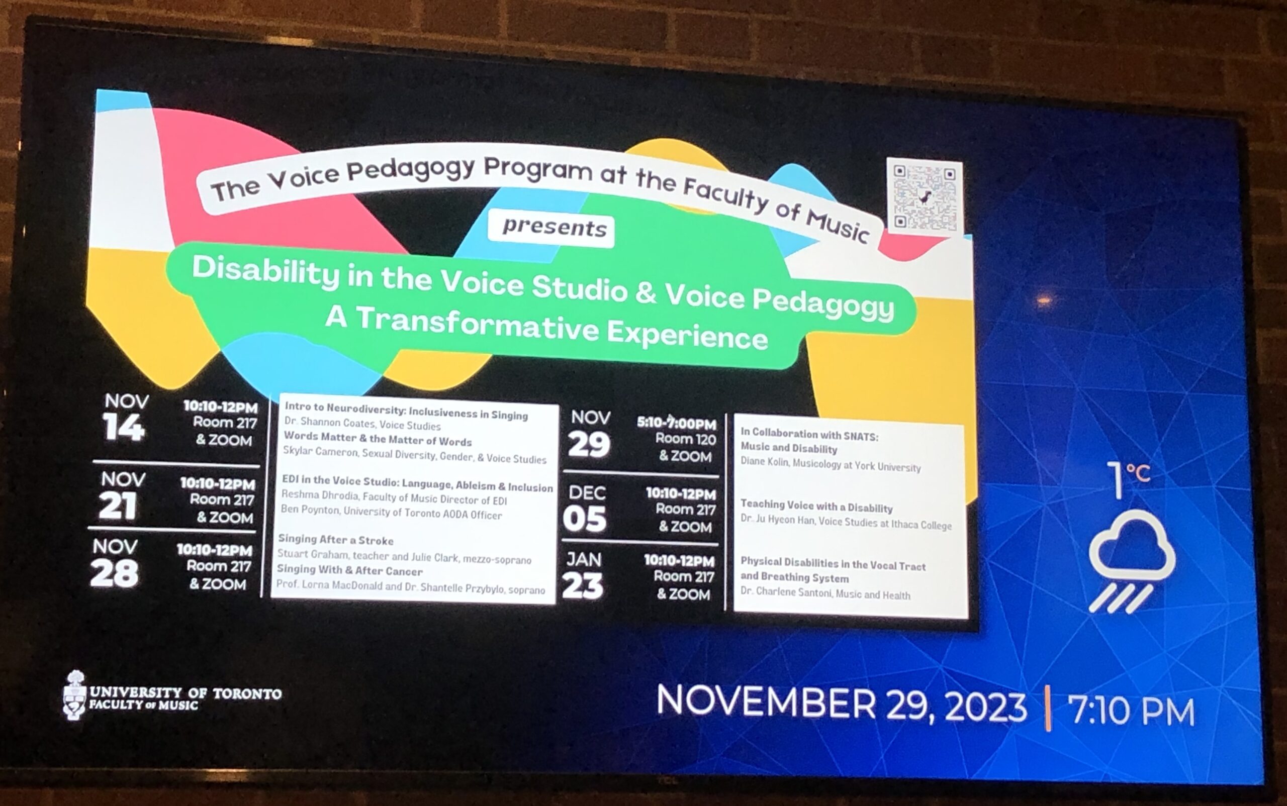 A poster on a TV screen at U of T showing the program of the Disability in the Voice studios series of guests.