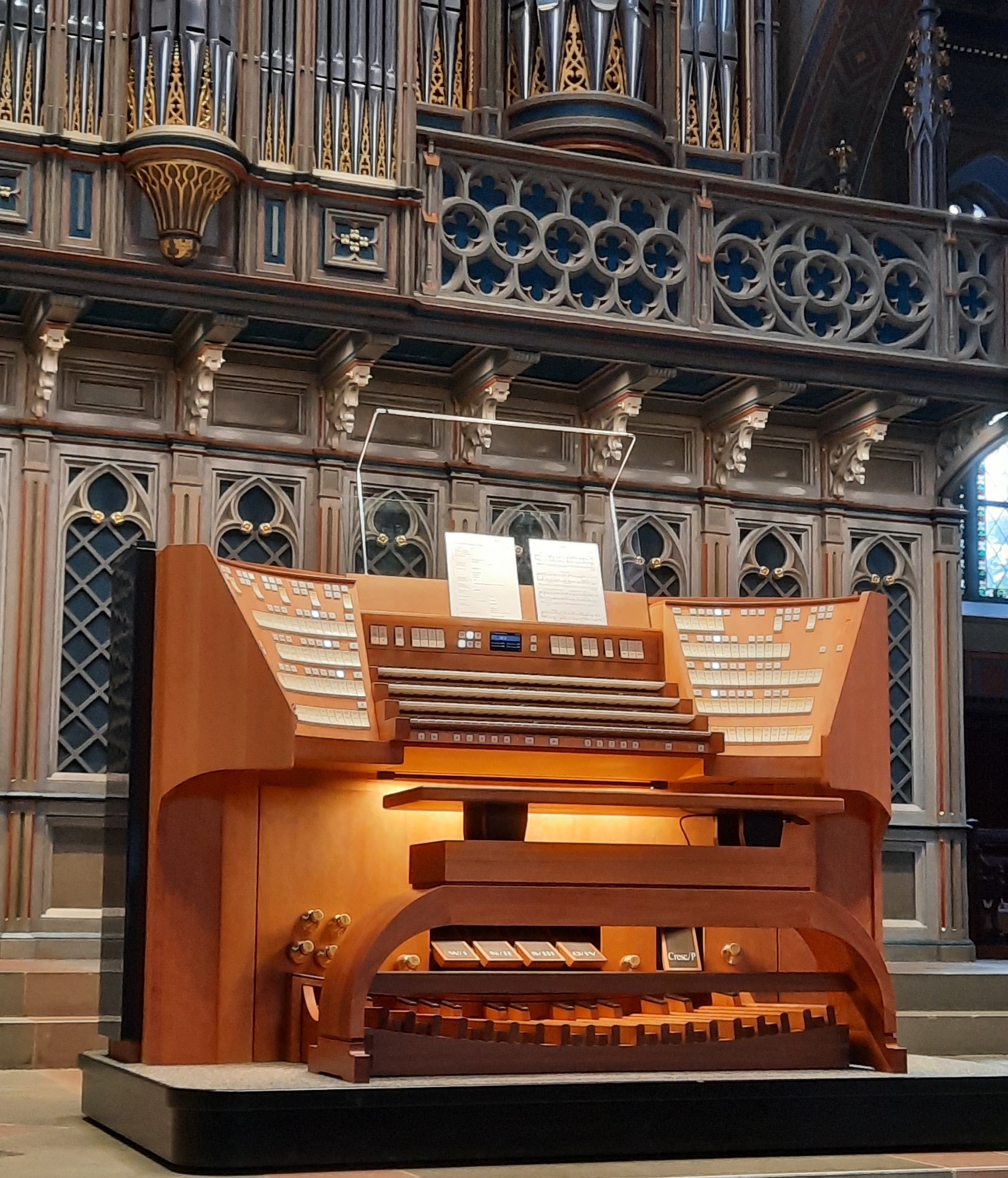 The organ console of the Saint Laurenzen organ in Saint Gallen, Switzerland.