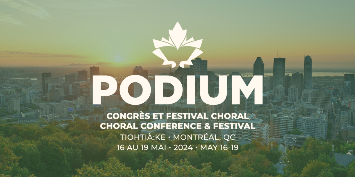 Logo of the podium conference representing a maple leaf in white, dates and place of the event. In the background, view of Montreal landscape.