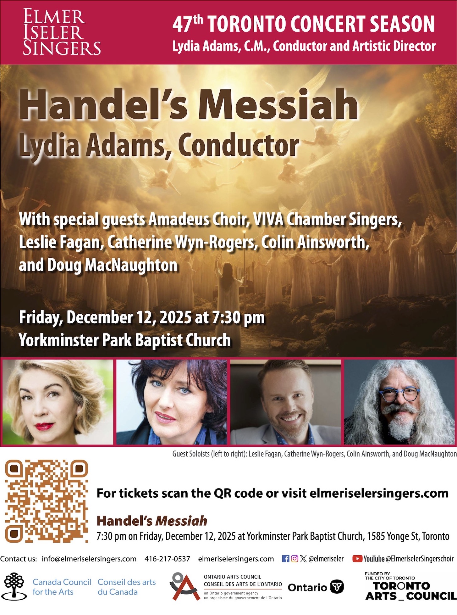 A poster of the Elmer Iseler Singers promoting Handel's Messiah concert, with the name of the consuctor Lydia Adams, pictures of the soloists, date and time, and name of the venue.