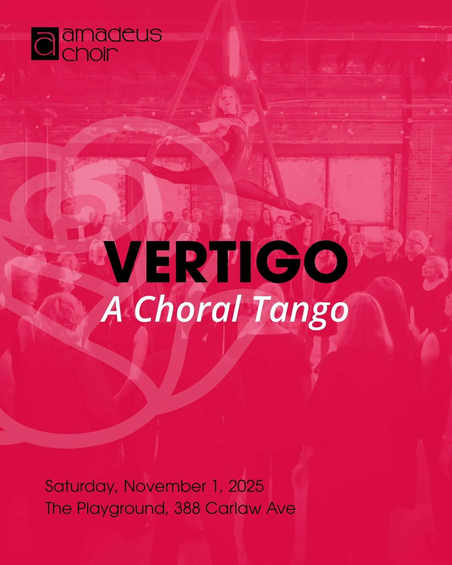 A red poster with the Amedus Choir logo the text Vertigo, a choral tango, and the address of the venue called the Playground.