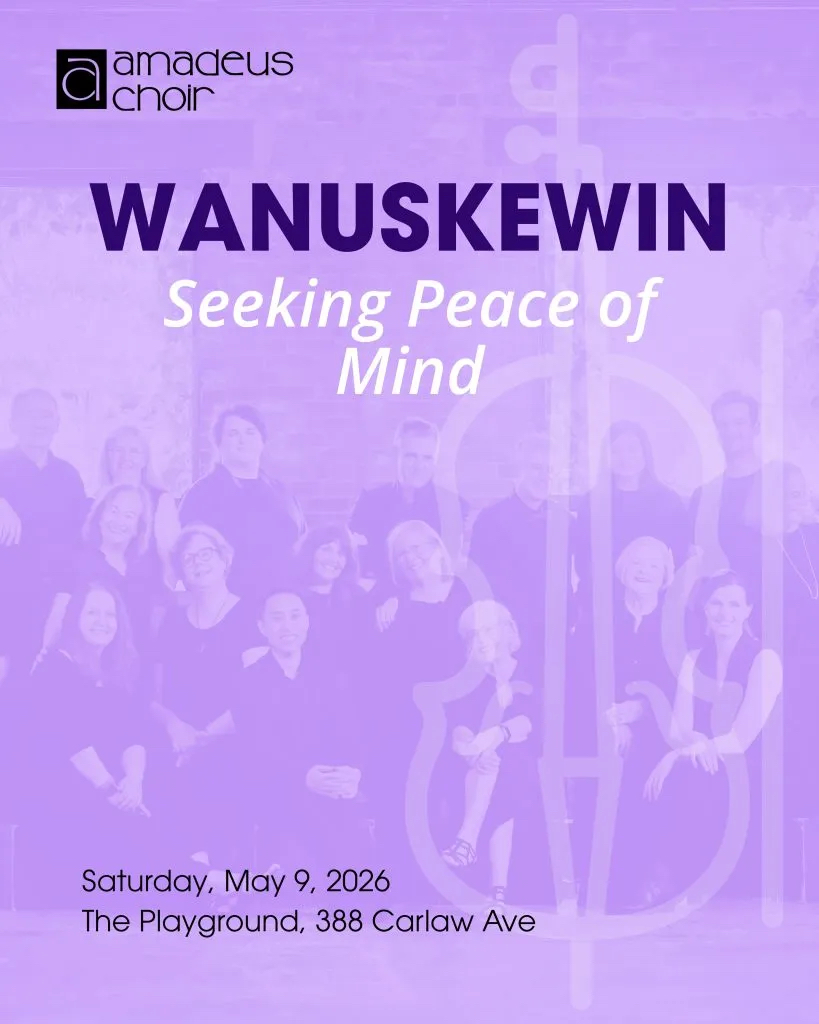 A purple poster presenting the concert Wanukesin, seeking peace of mind, with a picture of choristers in the background, the logo of Amadeus Choir, the name of the concert, the date and time, and the venue.