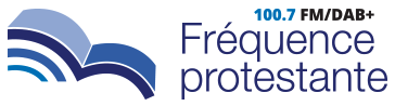 Fréquence Protestante written in blue on a white background, with the image of a blue book on the left with two blue waves.